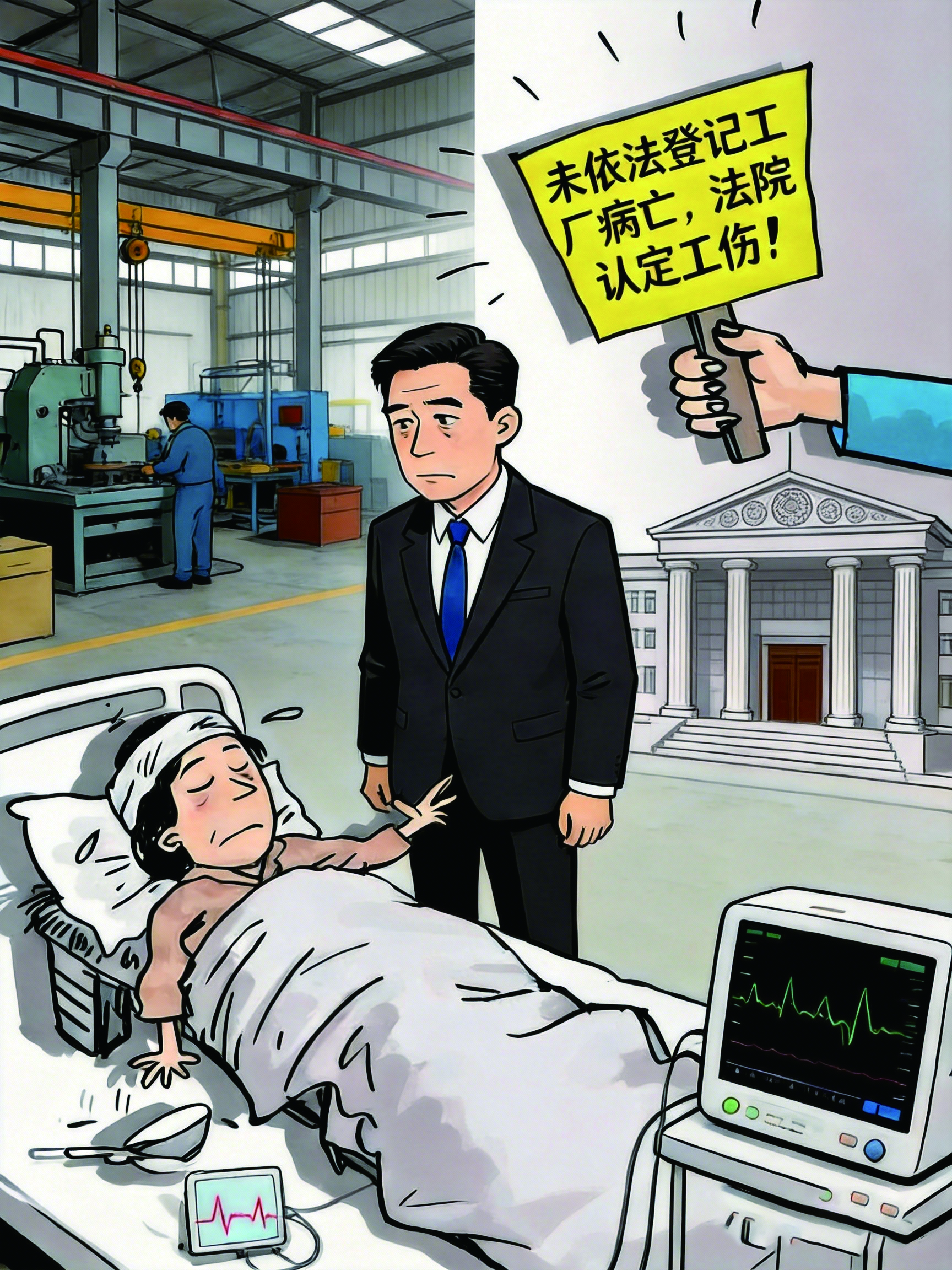 လုပ်သားတစ်ဦးသည် မှတ်ပုံတင်ထားခြင်းမရှိသည့် စက်ရုံအလုပ်ခွင်တွင် ရုတ်တရက်ရောဂါဖြစ်ပြီး သေဆုံးခဲ့ရာ တရားရုံးက အလုပ်ခွင်တွင်းဒဏ်ရာဖြစ်ခြင်းနှင့် ကိုက်ညီသဖြင့် အလုပ်ရှင် က ဥပဒေအရ လျော်ကြေးပေးရမည်ဟု ဆို